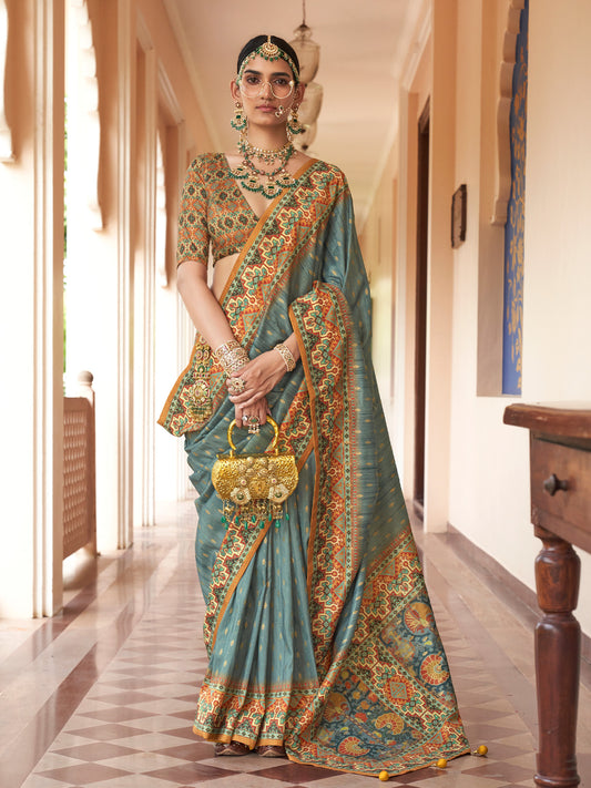 Sea Green foil silk blend saree with mustard blouse piece