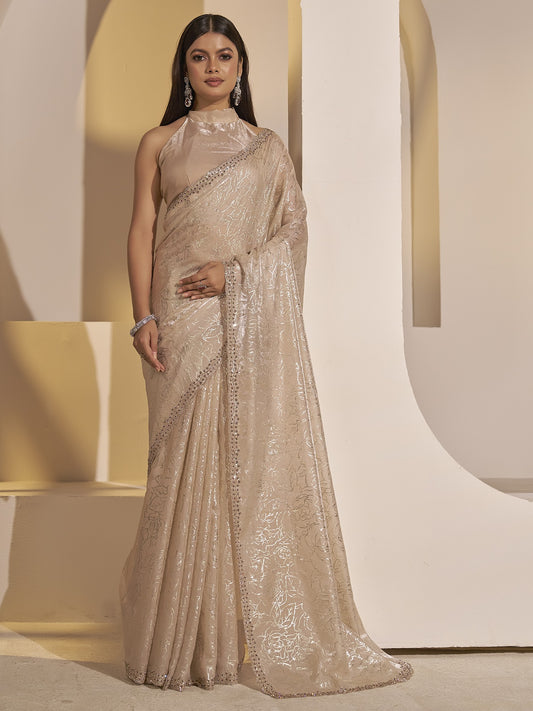 Beige foil satin silk saree with beige blouse piece