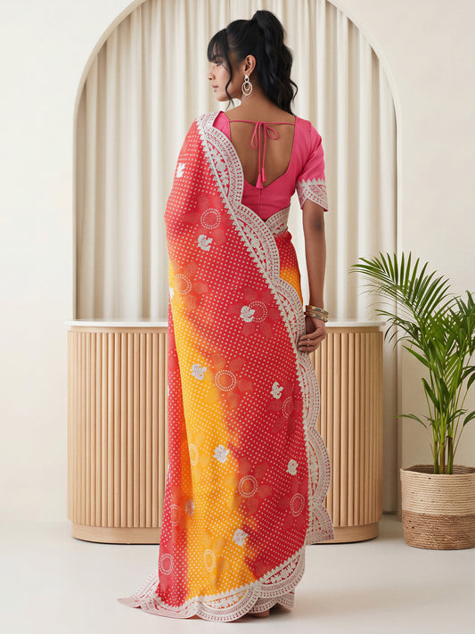 Red Chinnon saree – detail view 1