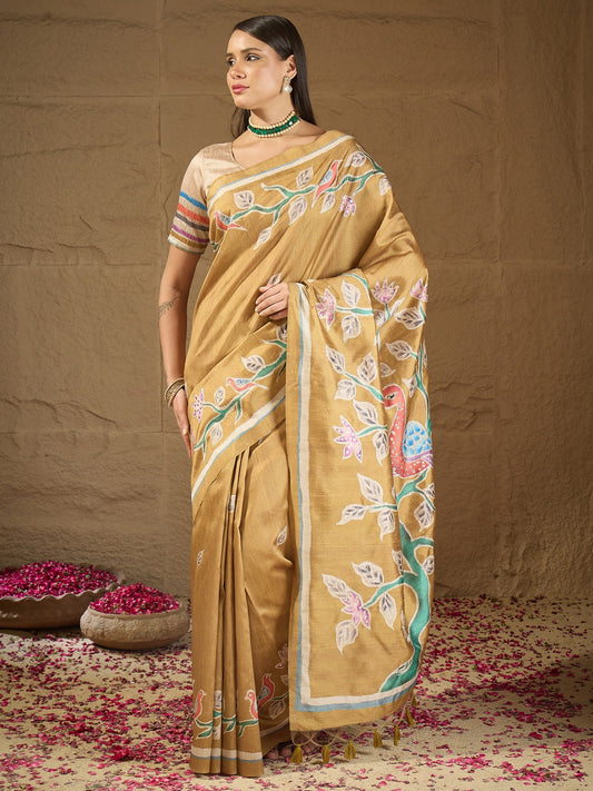 Mustard ethnic motif art silk saree with beige blouse piece
