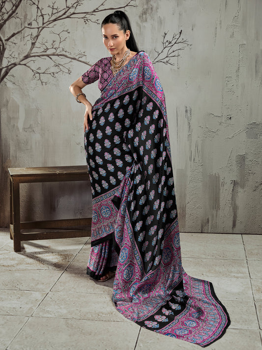 Black ajrak satin saree with magenta blouse piece