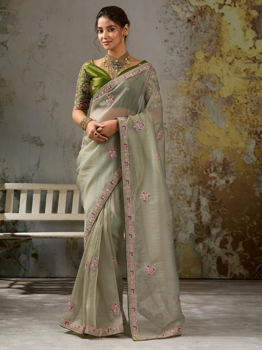 Light Green solid tissue saree with olive blouse piece