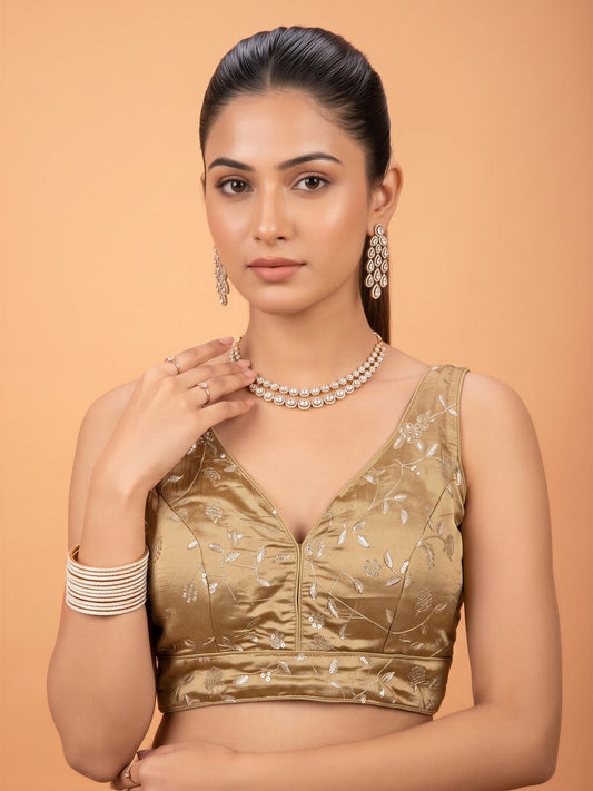 Beige sequin embellished silk blend sleeveless readymade saree blouse with v neck