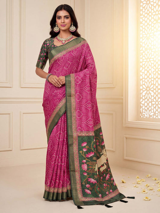 Woman wearing pink silk blend saree with madhubani folk-art motifs and green blouse