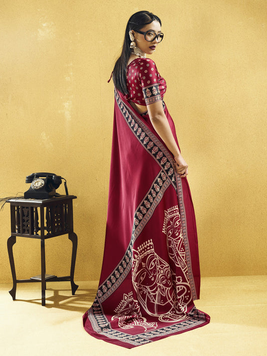 Maroon satin saree view 1