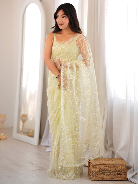 Woman wearing light green net saree with ornamented surface design and light green blouse