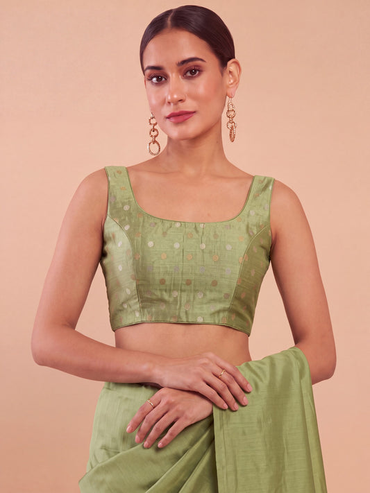 Sea Green zari woven georgette sleeveless readymade saree blouse with round neck