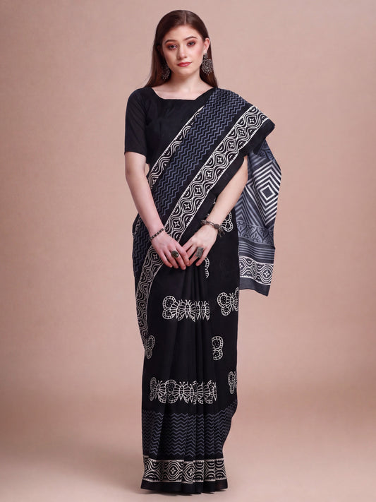 Woman wearing black bhagalpuri silk saree with bagh block-print motif work and black blouse