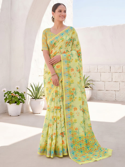 Woman wearing light green cotton linen saree with traditional indian motif work and light green blouse