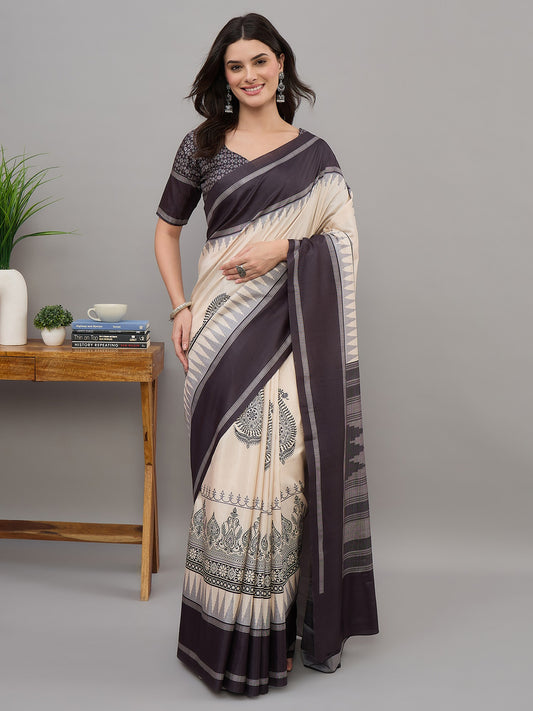 Off White ethnic motif soft silk saree with black blouse piece