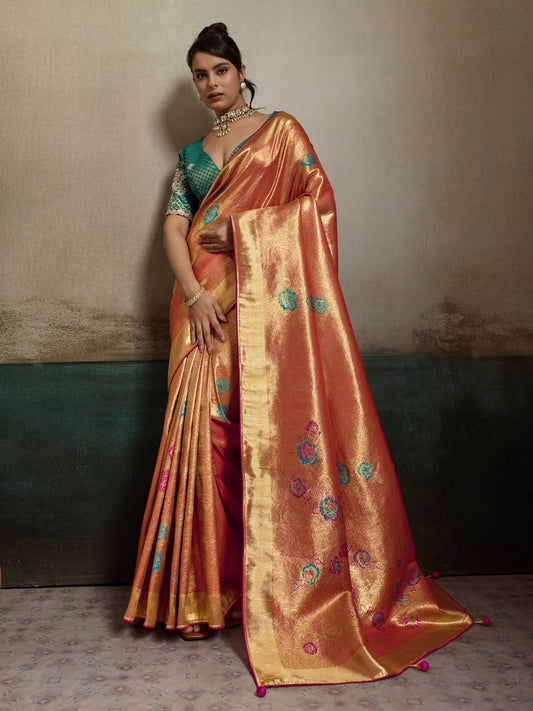 Orange zari butta banarasi silk saree with teal green blouse piece