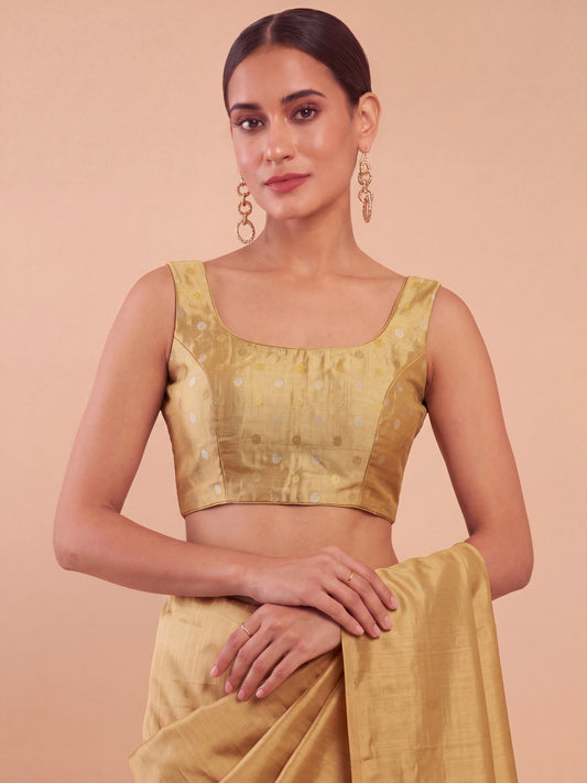 Beige zari woven georgette sleeveless readymade saree blouse with round neck