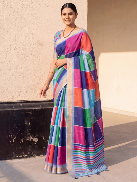 Woman wearing multicolored linen saree with colorblocked design and light blue blouse