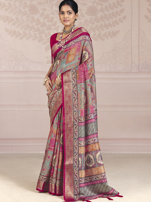 Pink ethnic motif tussar silk saree with pink blouse piece