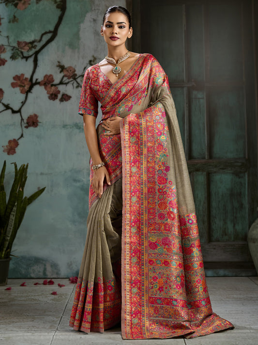 Grey kalamkari cotton saree with pink blouse piece