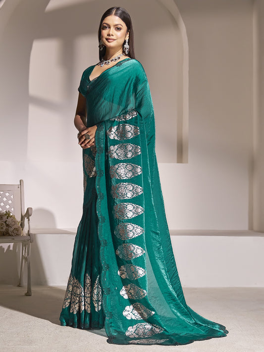 Teal Green satin silk saree view 1