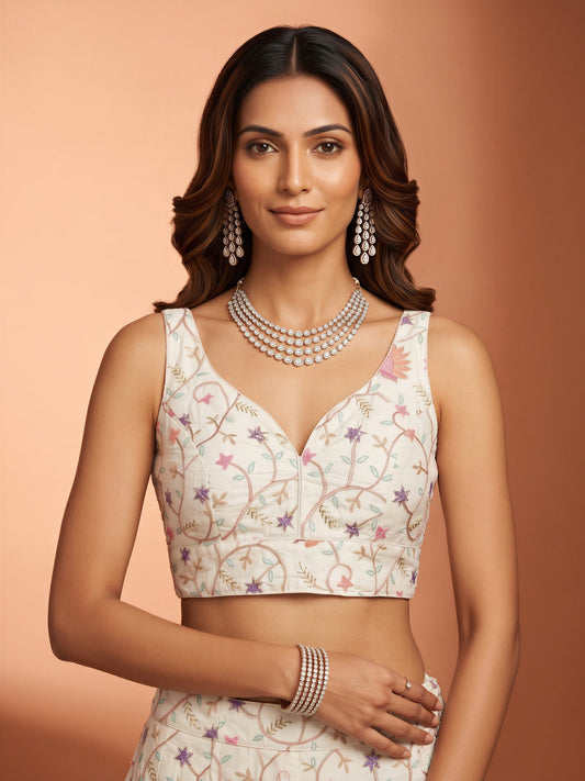 White sequin embellished satin sleeveless readymade saree blouse with deep v neck