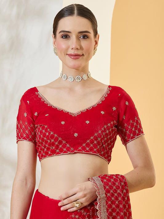 Unstitched red satin blouse piece with embroidered design
