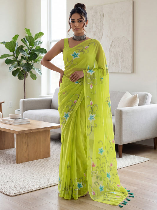 Woman wearing lime green georgette saree with all-over floral design and lime green blouse