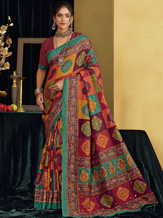 Multicolored floral tussar silk saree with rust blouse piece
