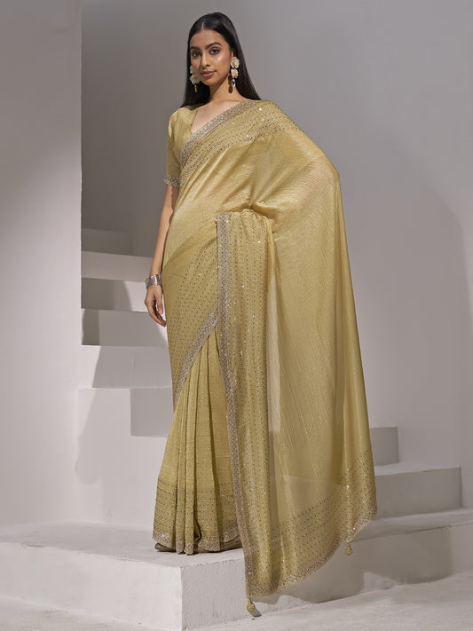 Gold pure silk saree view 1