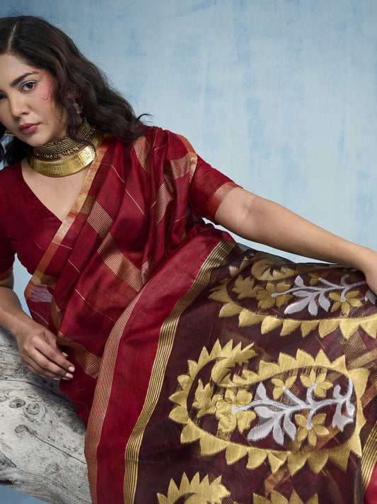 Maroon muga cotton saree view 1