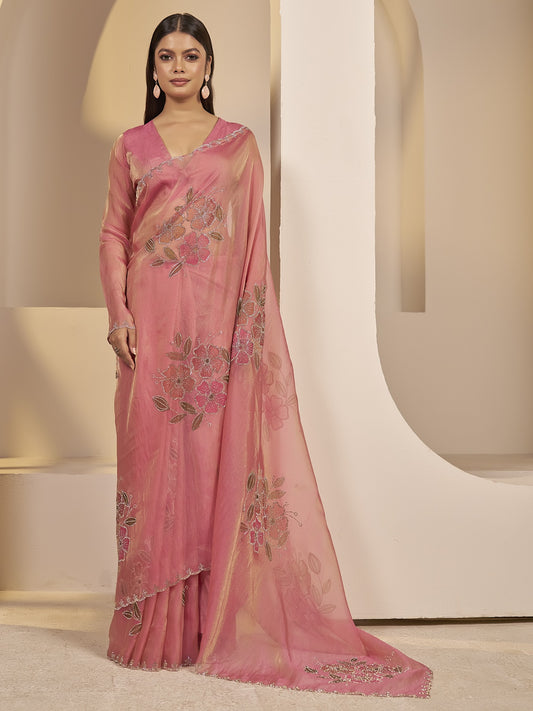 Pink embellished organza saree with pink blouse piece