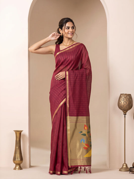 Burgundy striped silk blend saree with burgundy blouse piece