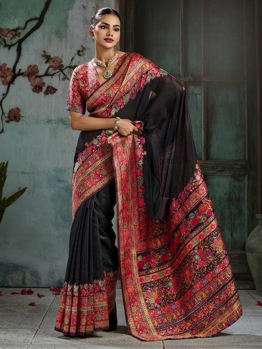 Black kalamkari cotton saree with pink blouse piece