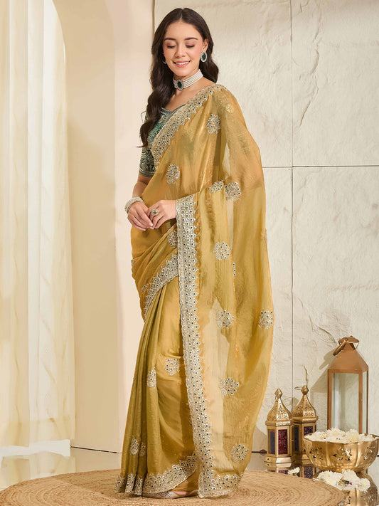 Mustard Satin saree – detail view 2