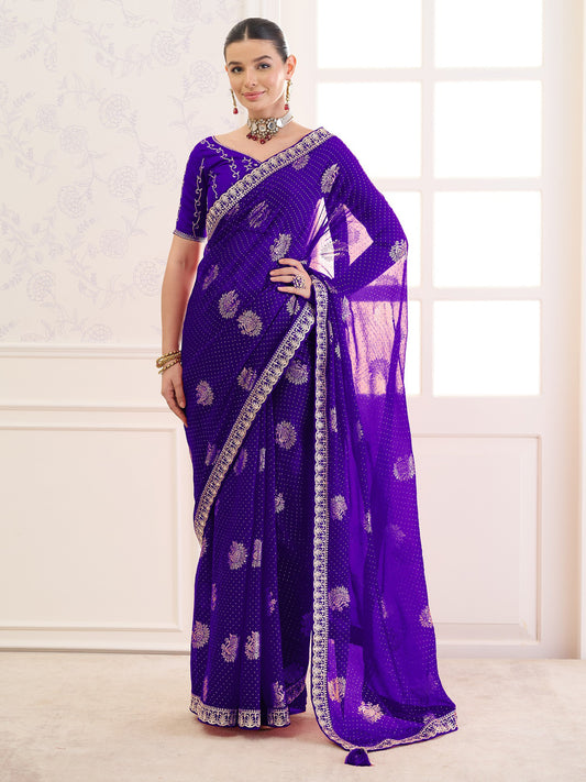 Violet foil chiffon saree with violet blouse piece