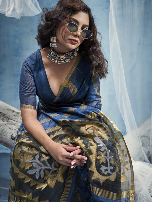 Blue muga cotton saree view 1
