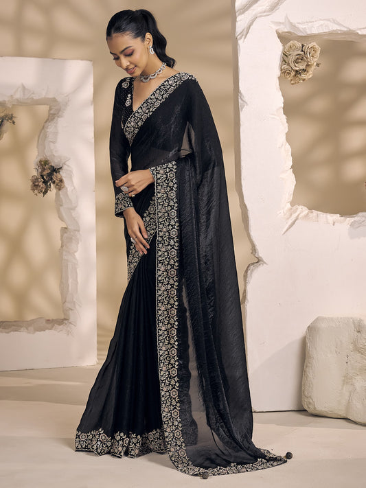 Black satin silk saree view 1