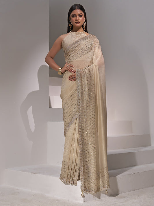 Champagne solid pure silk saree with champagne blouse piece