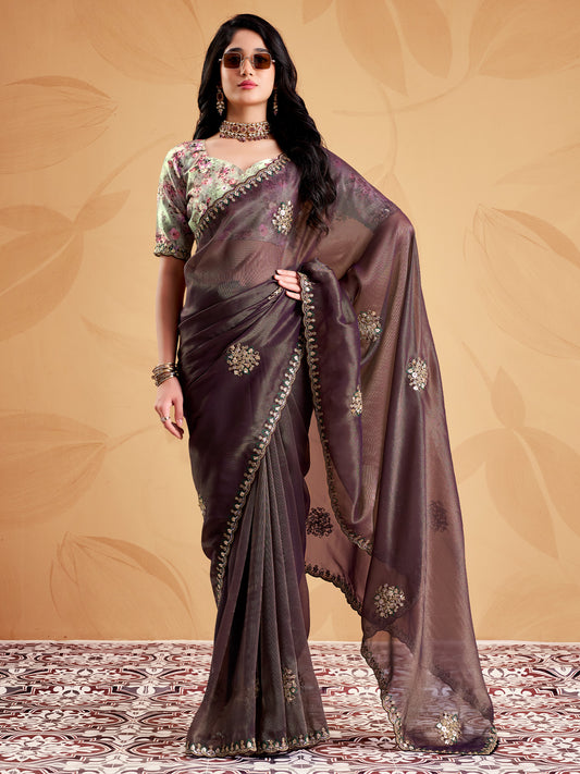 Woman wearing wine tissue saree with ornamented surface design and multicolored blouse