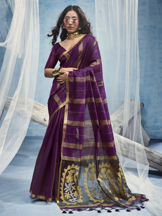 Wine striped muga cotton saree with wine blouse piece