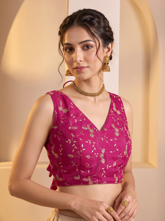 Magenta sequin embroidered vichitra silk sleeveless readymade saree blouse with v neck