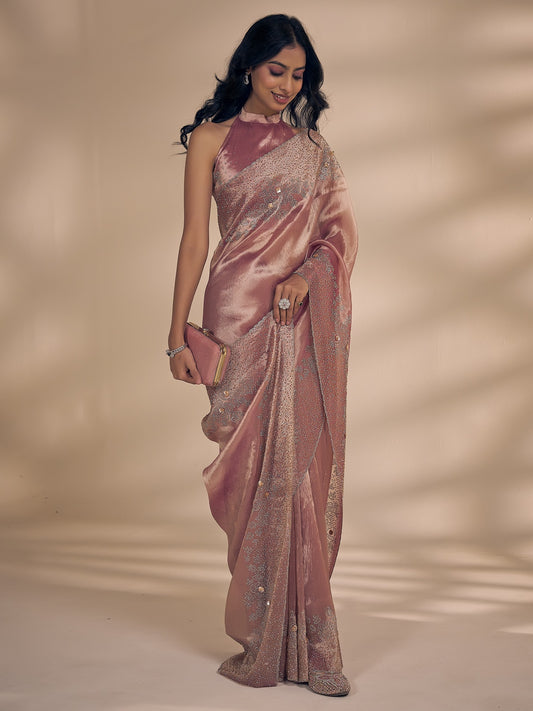 Mauve organza saree view 1