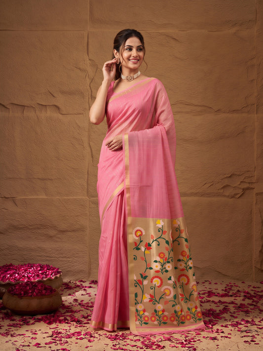 Pink striped silk blend saree with pink blouse piece