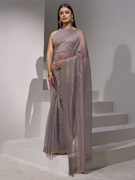 Lavender striped organza saree with lavender blouse piece