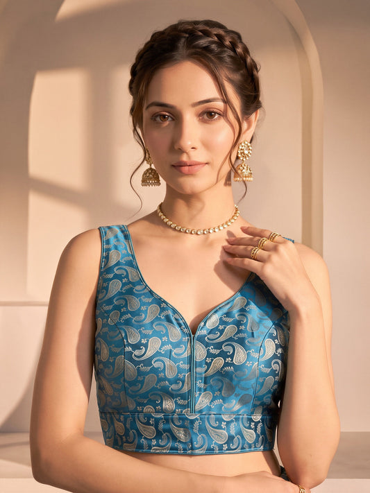 Teal woven brocade silk blend sleeveless readymade saree blouse with v neck