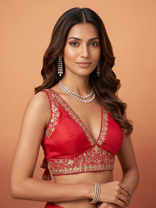 Pink sequin embellished silk blend sleeveless readymade saree blouse with deep v neck