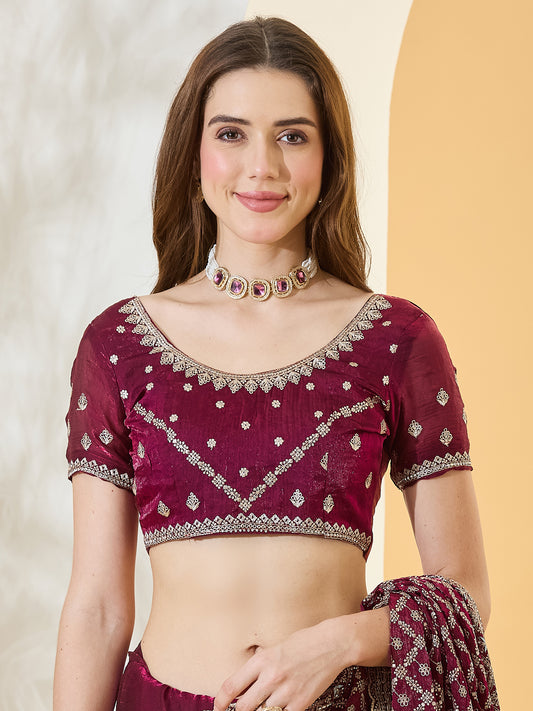 Unstitched wine satin blouse piece with embroidered design