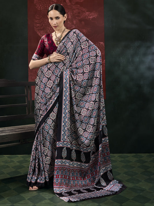 Black ajrak satin saree with maroon blouse piece