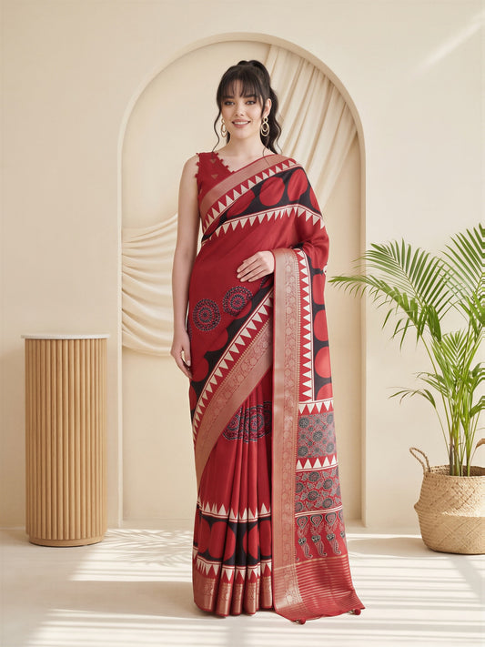 Woman wearing red viscose silk saree with ajrak block-print motif work and red blouse