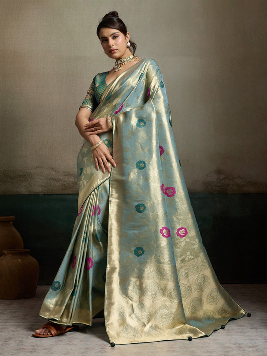 Light Blue zari butta banarasi silk saree with teal green blouse piece