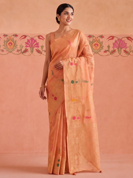 Peach ethnic motif silk blend saree with peach blouse piece