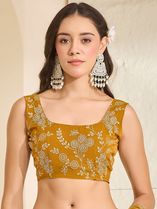 Unstitched mustard tissue blouse piece with embellished design