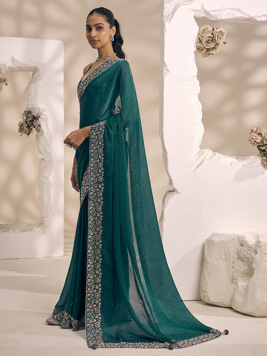 Teal Green satin silk saree view 1