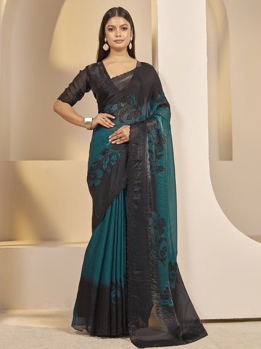 Teal embellished satin silk saree with black blouse piece